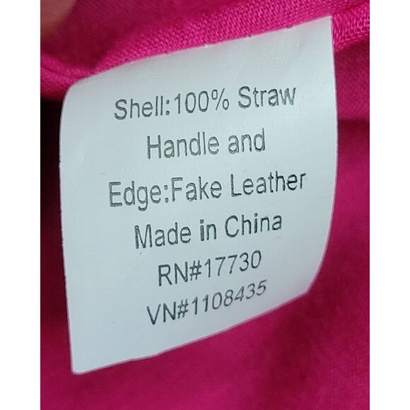 Limited Edition Straw Tote Bag Bright Raspberry Lined 2 Pocket Wooden Bead Charm - Picture 5 of 6